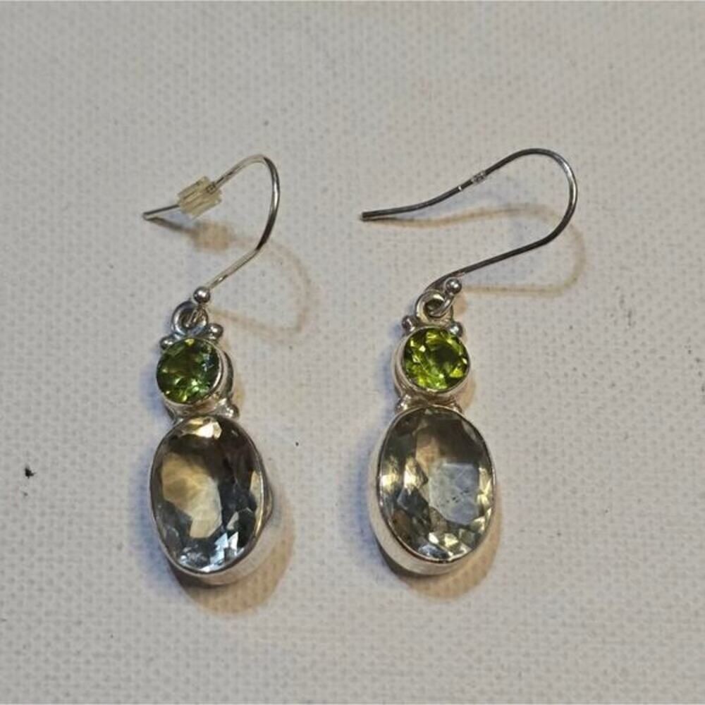 Sterling Silver 925 and Green Amethyst and Peridot French Wire Dangle Earrings